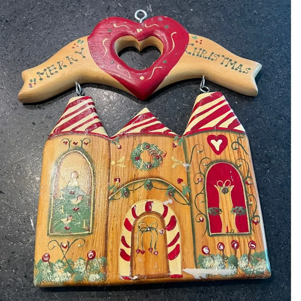 vintage 90s Merry Christmas wooden hanging decor folk art was handmade signed
